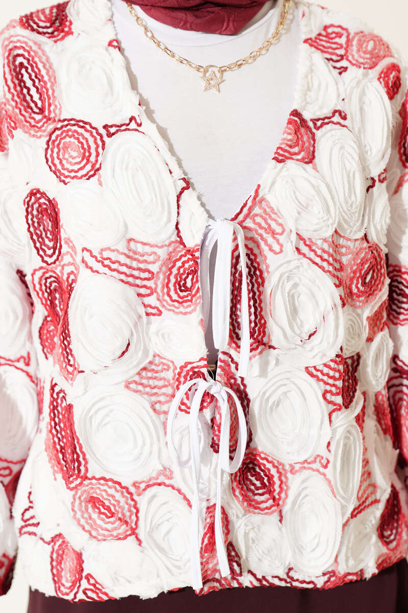 Embossed Embroidered Kimono with Ties - Burgundy