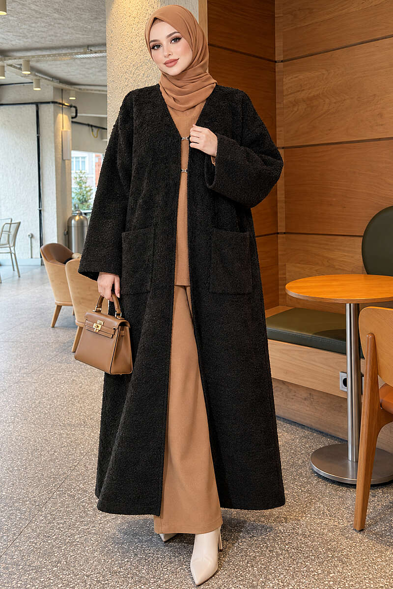 Long Textured Knit Cardigan with Pockets - Charcoal