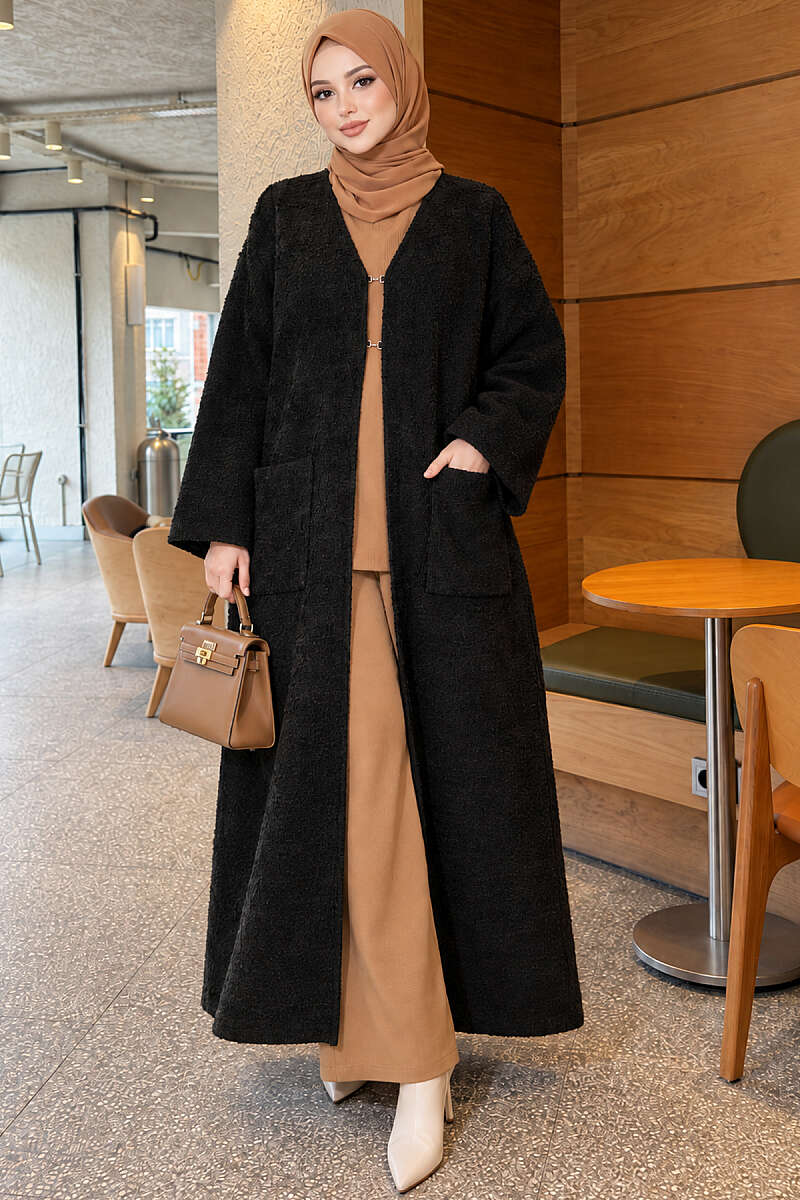 Long Textured Knit Cardigan with Pockets - Charcoal
