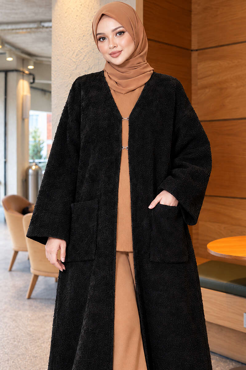 Long Textured Knit Cardigan with Pockets - Charcoal