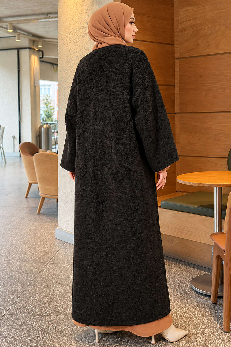 Long Textured Knit Cardigan with Pockets - Charcoal
