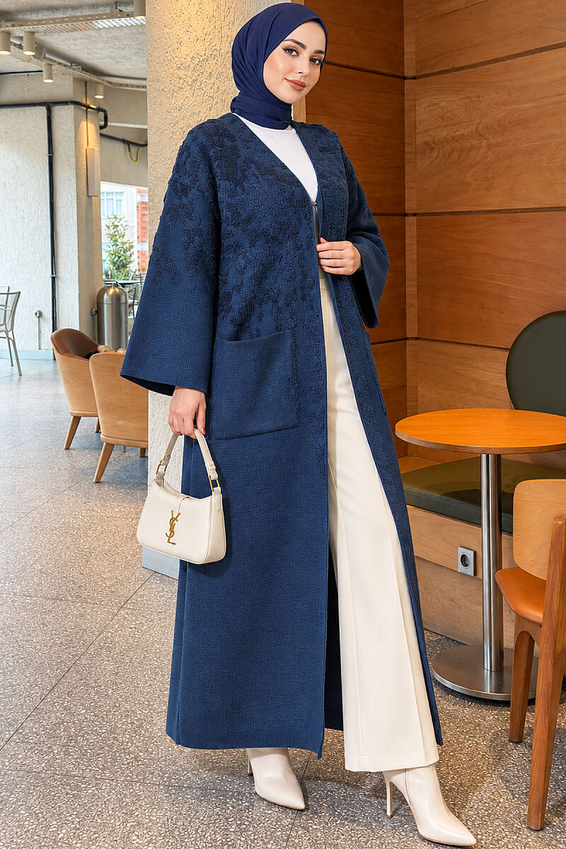 Long Textured Knit Cardigan with Pockets - Indigo