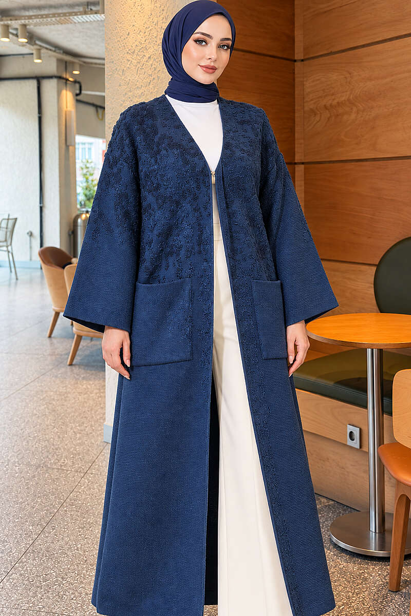 Long Textured Knit Cardigan with Pockets - Indigo
