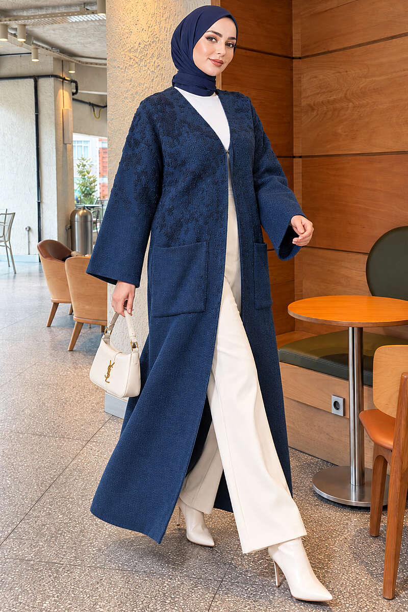 Long Textured Knit Cardigan with Pockets - Indigo