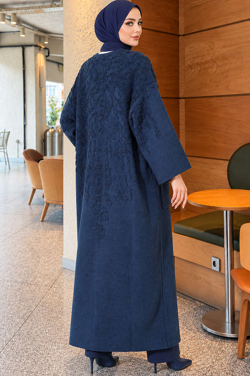 Long Textured Knit Cardigan with Pockets - Indigo