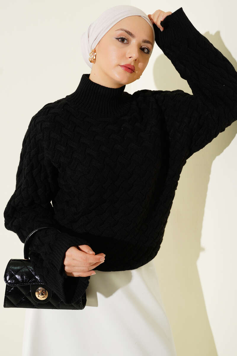 Embossed Batwing Knit Sweater - Black