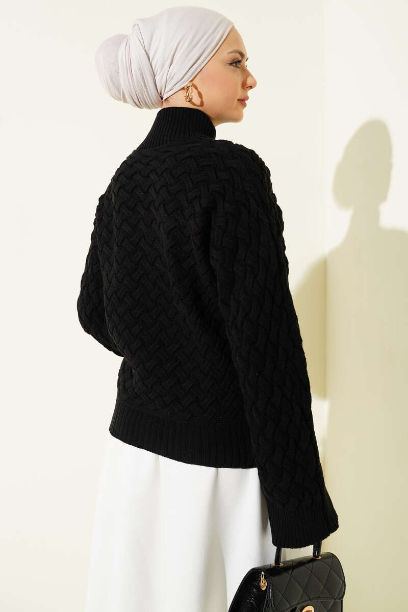 Embossed Batwing Knit Sweater - Black