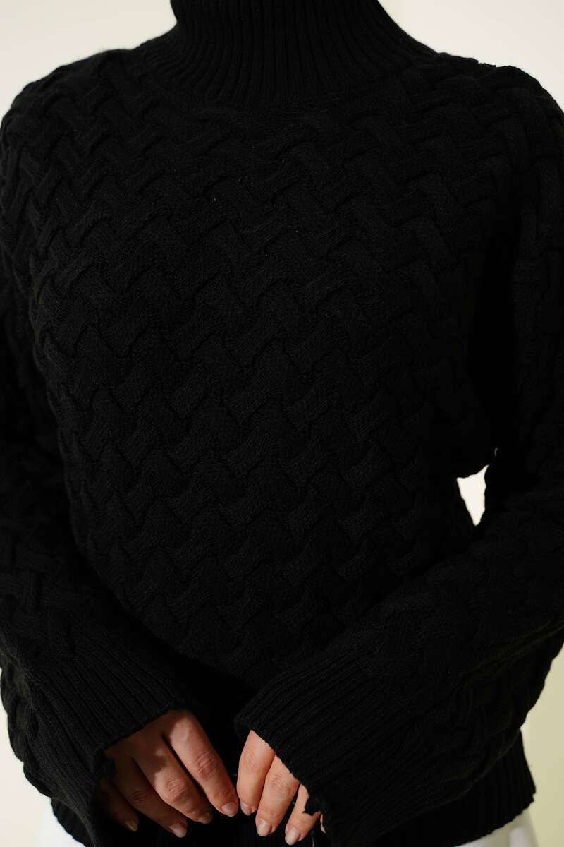 Embossed Batwing Knit Sweater - Black
