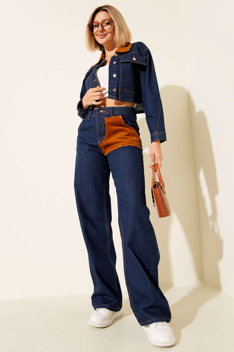 Denim Two-Piece Set with Velvet-Trim Crop Jacket - Dark Blue