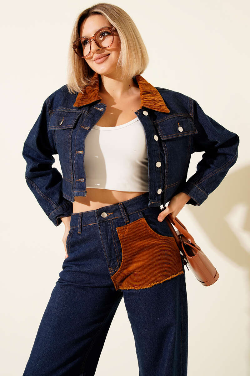Denim Two-Piece Set with Velvet-Trim Crop Jacket - Dark Blue