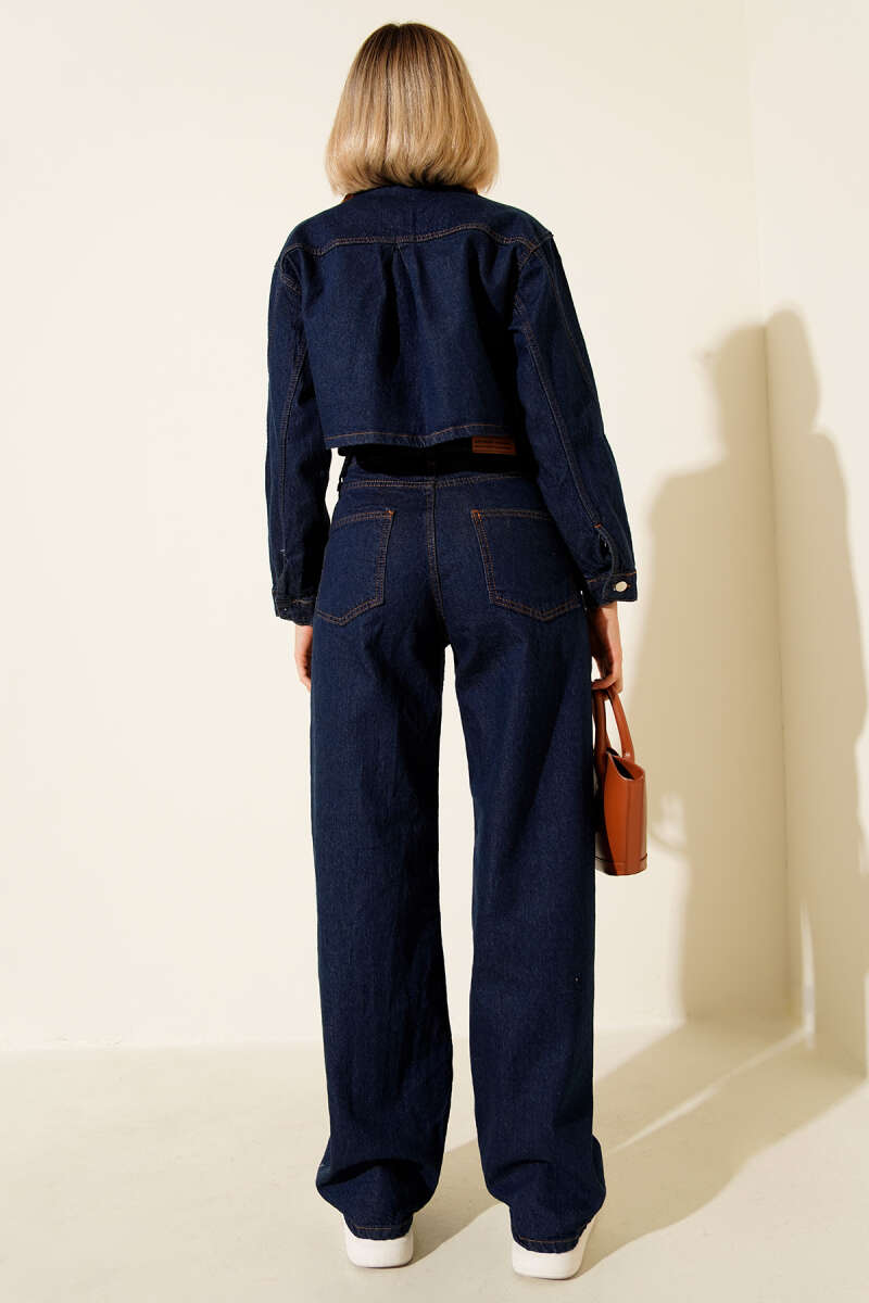 Denim Two-Piece Set with Velvet-Trim Crop Jacket - Dark Blue