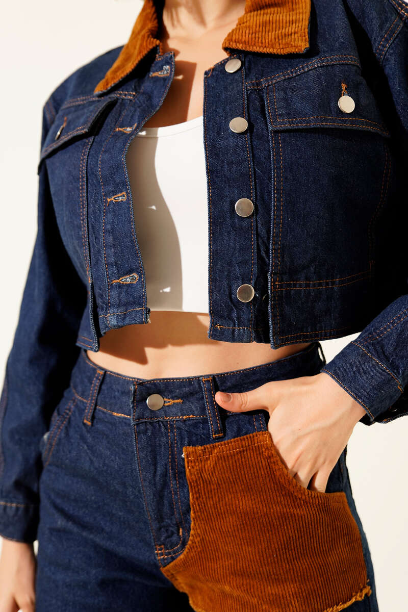 Denim Two-Piece Set with Velvet-Trim Crop Jacket - Dark Blue