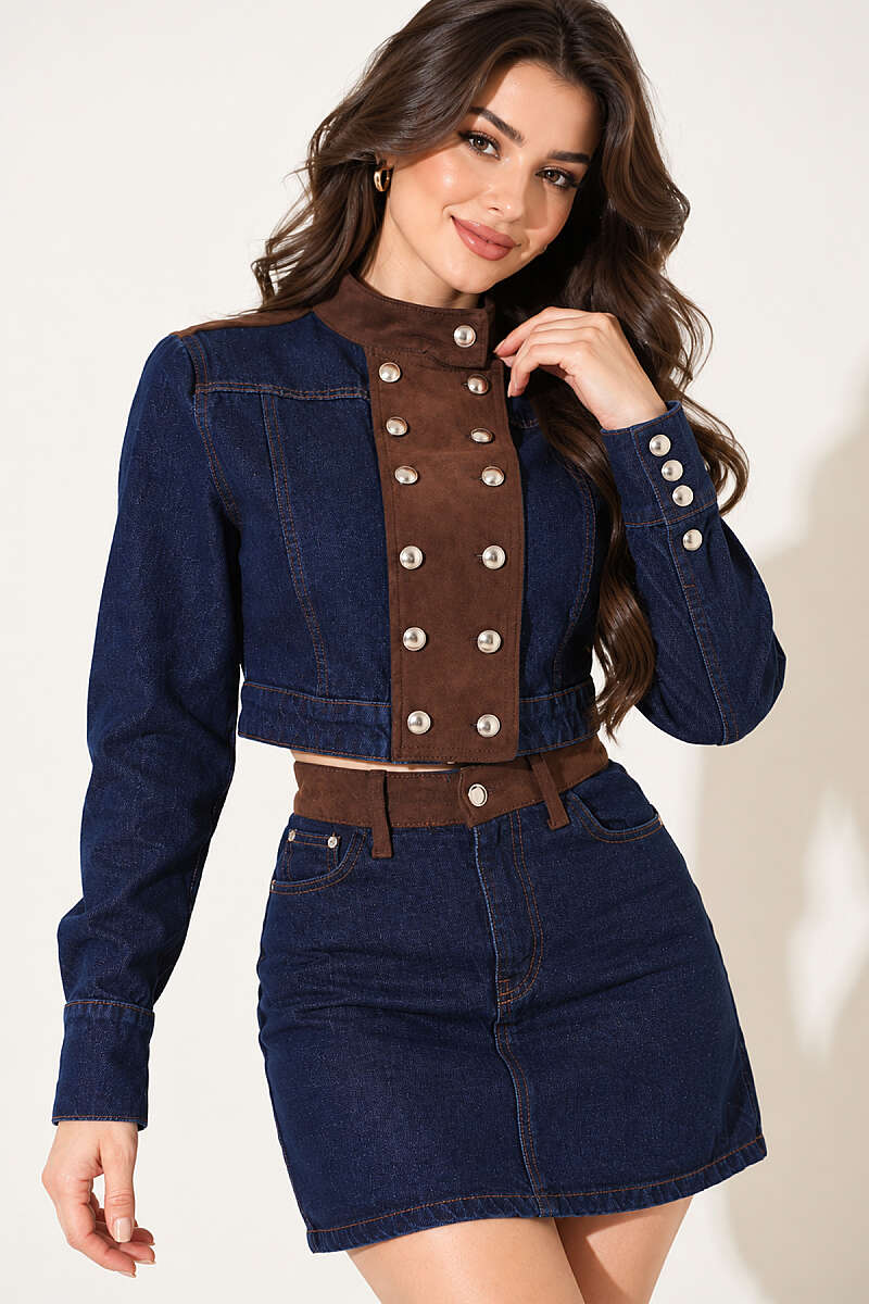 Denim Mini Skirt Set with Velvet Trim - Navy