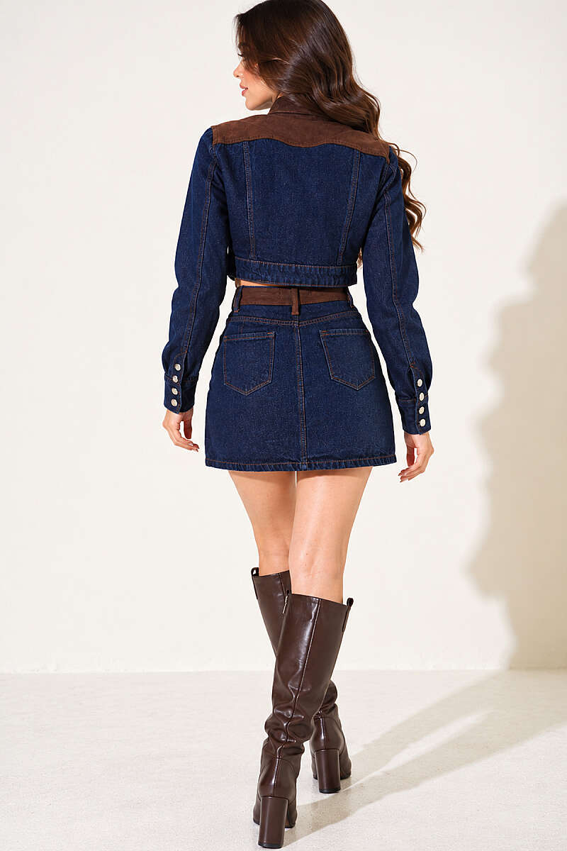 Denim Mini Skirt Set with Velvet Trim - Navy