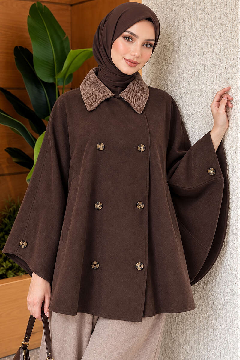 Poncho with Velvet Collar and Buttons - Brown