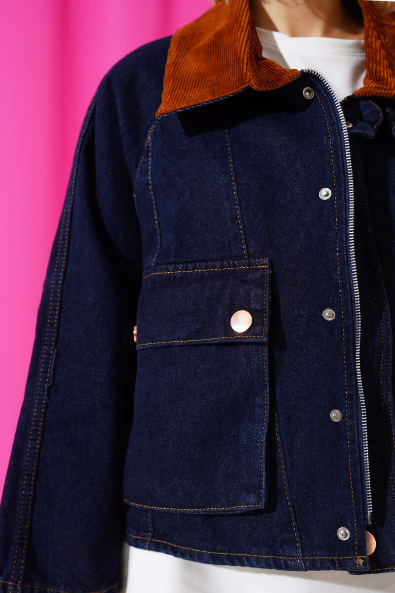Short Denim Jacket with Velvet Collar - Navy
