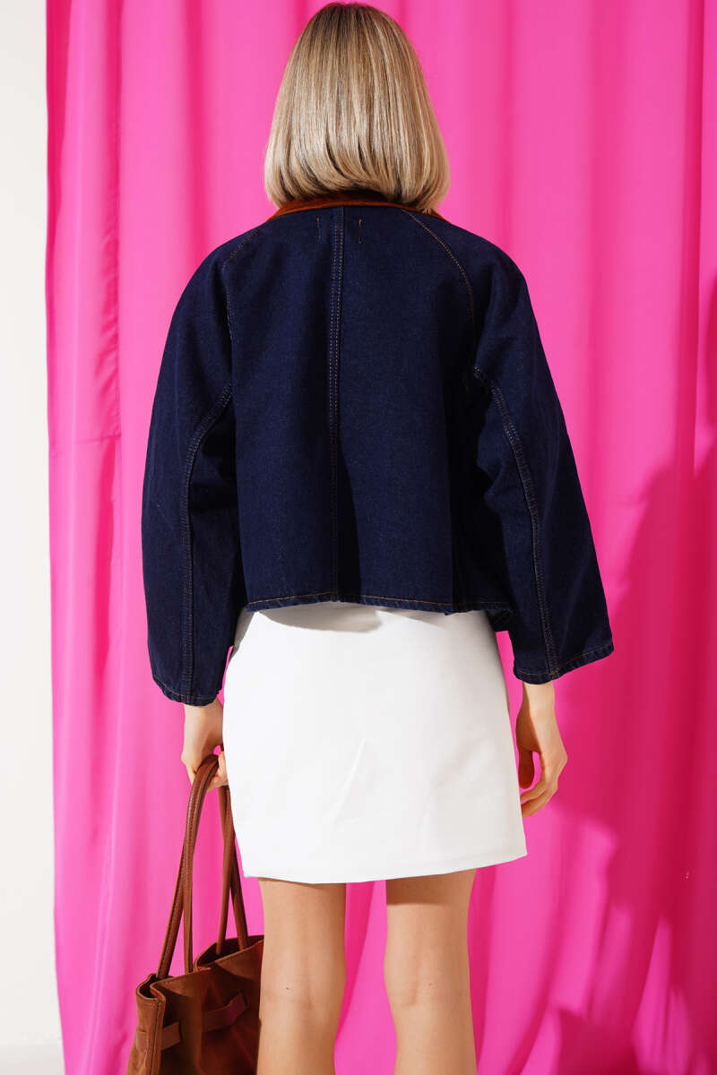 Short Denim Jacket with Velvet Collar - Navy
