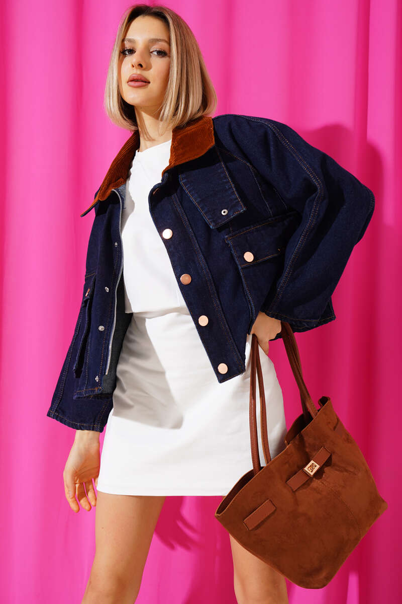 Short Denim Jacket with Velvet Collar - Navy