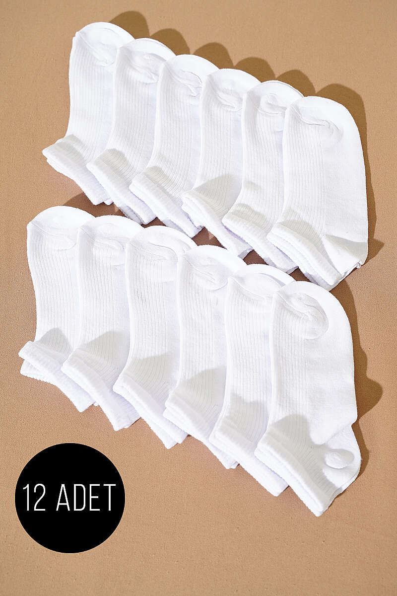 12-Pack Fine-Rib Patterned Ankle Socks - White