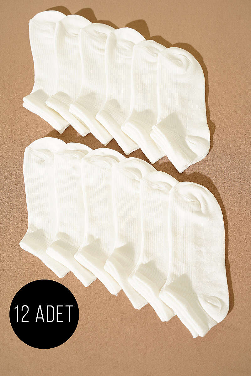 12-Pack Fine-Rib Patterned Ankle Socks - Ecru