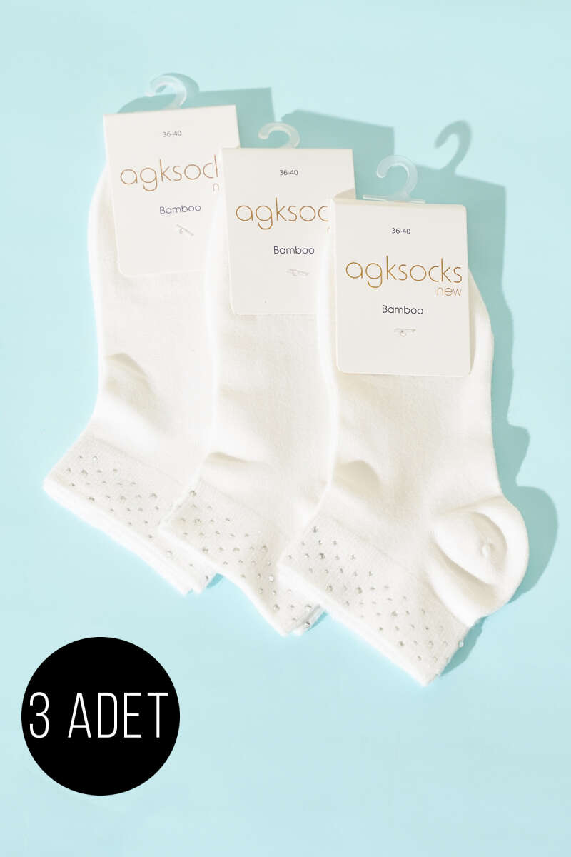 3-Pack No-Show Socks with Mini Stones - Ecru