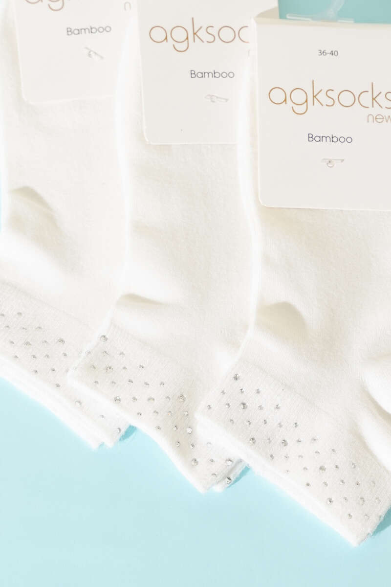 3-Pack No-Show Socks with Mini Stones - Ecru
