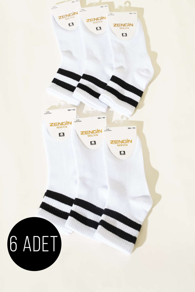 6-Pack Striped-Band Crew Socks - White