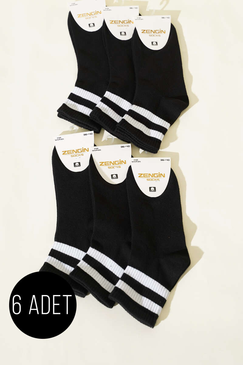 6-Pack Striped-Band Crew Socks - Black