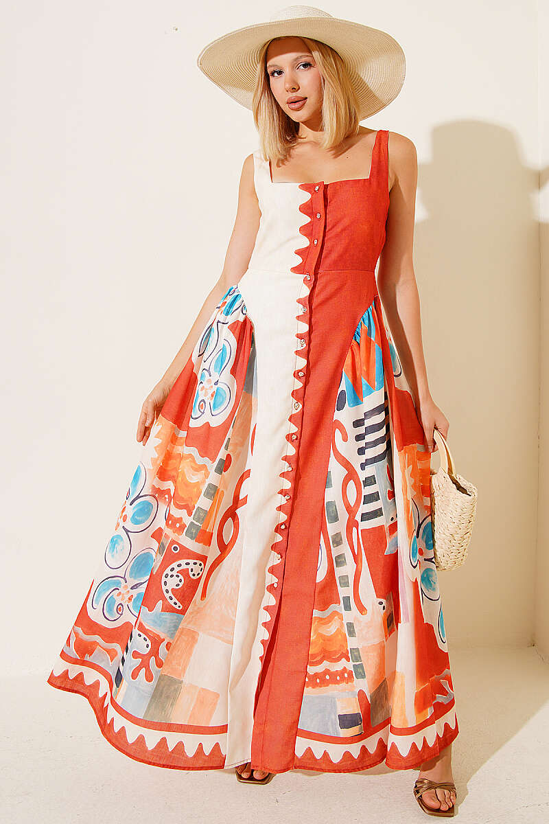 Wide-Strap Printed Flared Dress - Brick