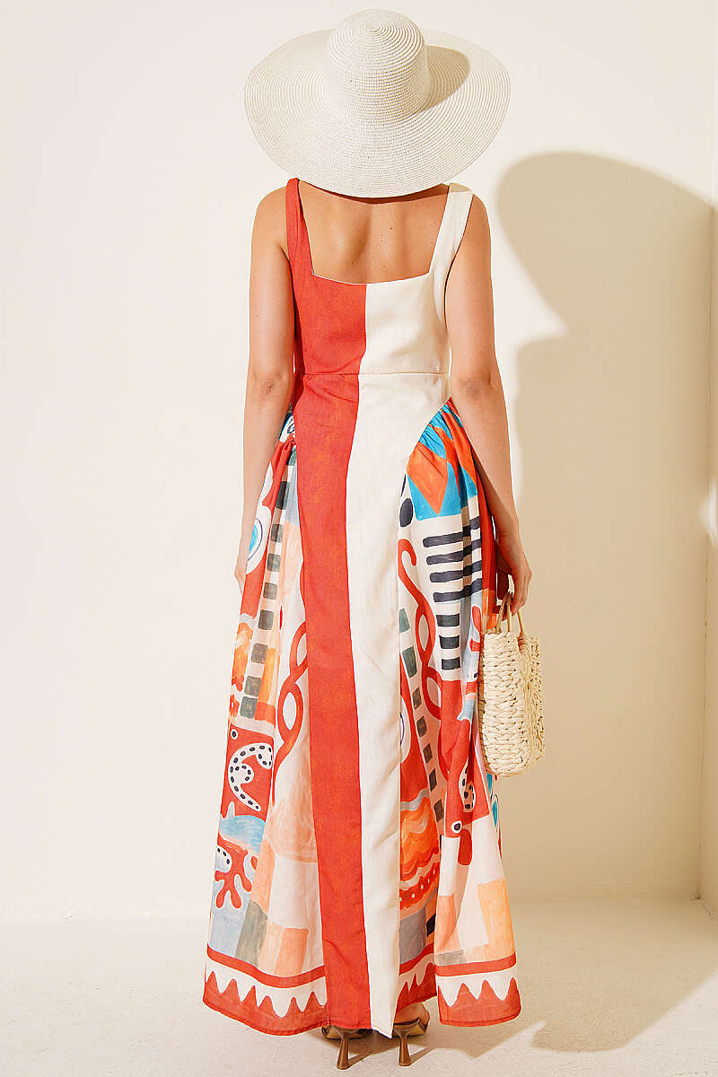 Wide-Strap Printed Flared Dress - Brick