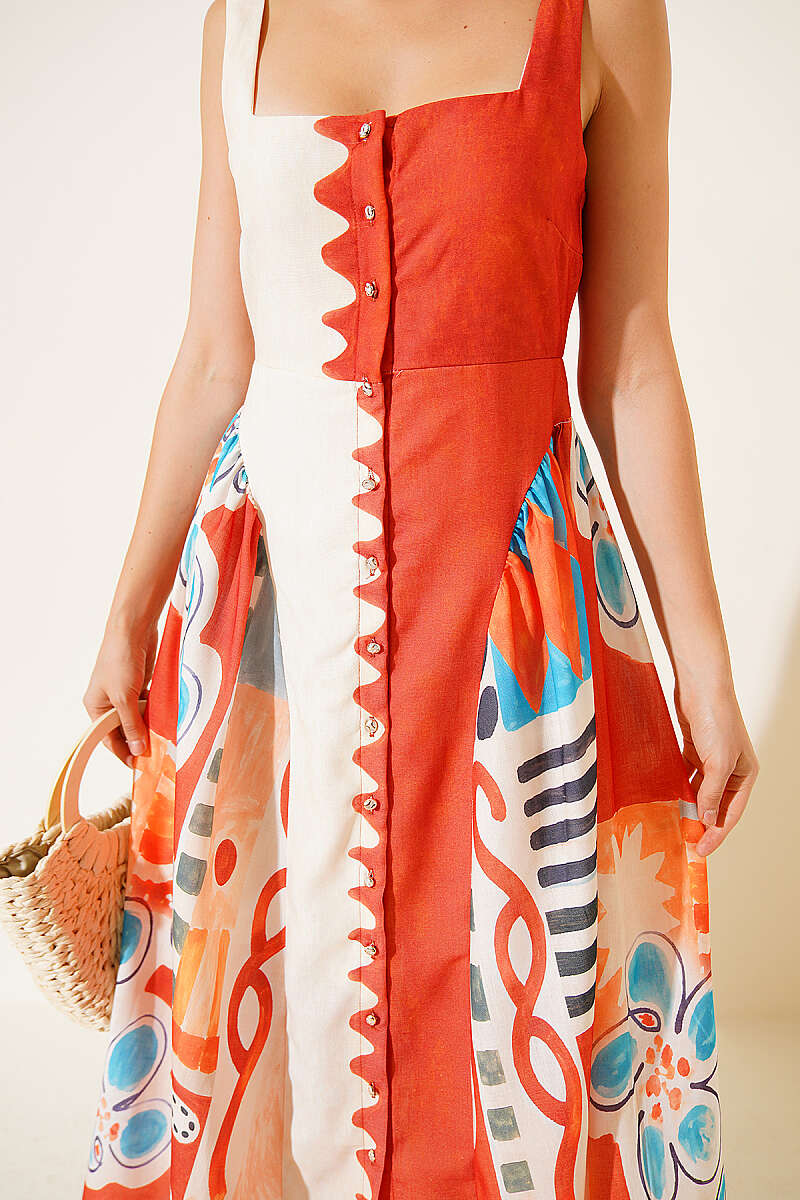 Wide-Strap Printed Flared Dress - Brick