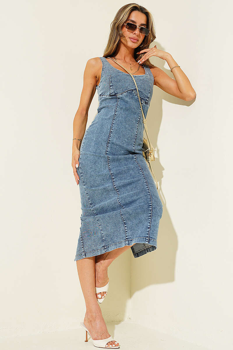 Wide-Strap Denim Midi Dress - Denim Blue