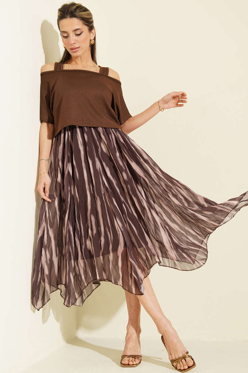 Wide-Strap Chiffon Dress - Brown