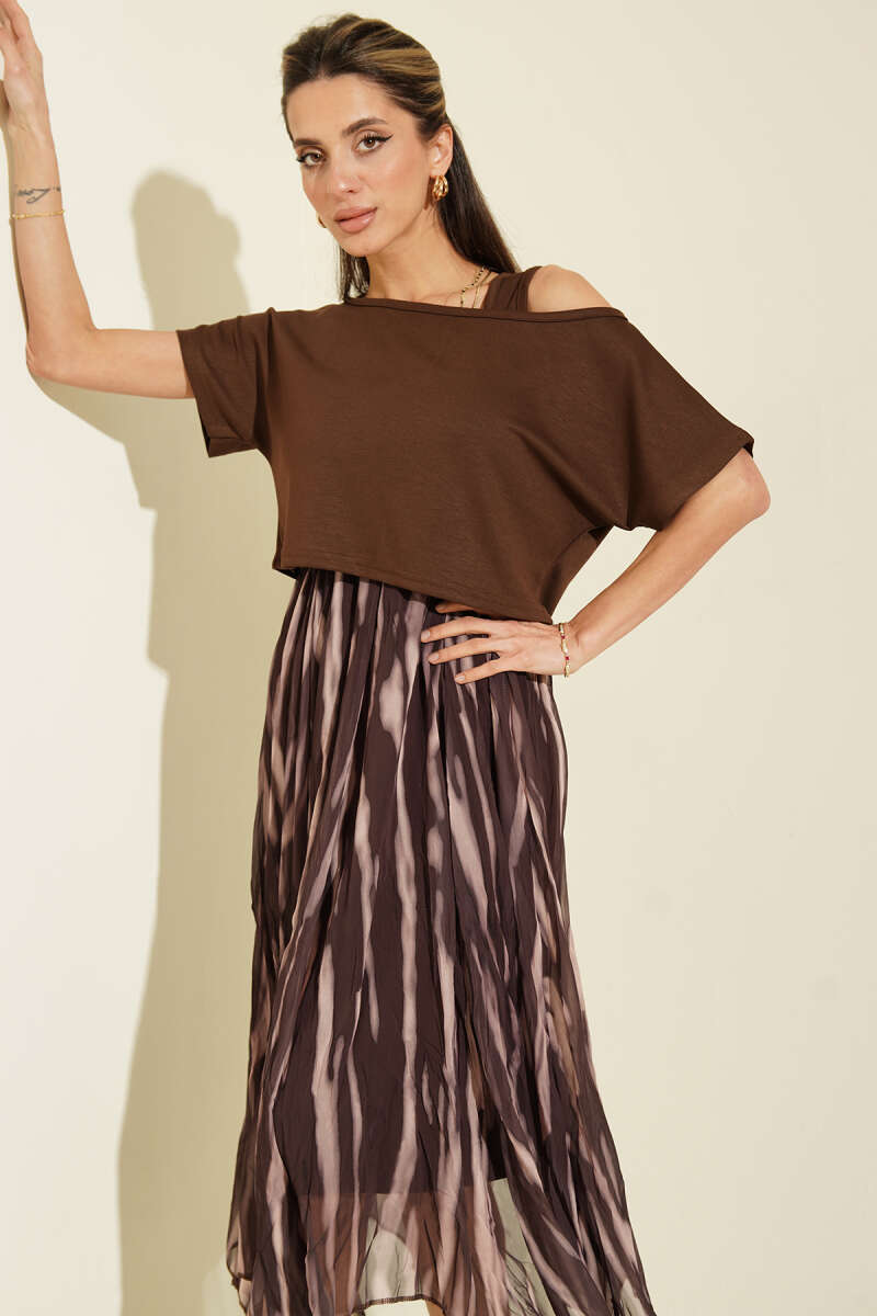 Wide-Strap Chiffon Dress - Brown