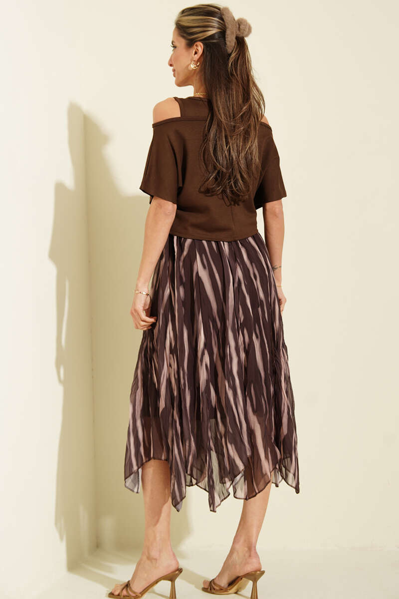 Wide-Strap Chiffon Dress - Brown