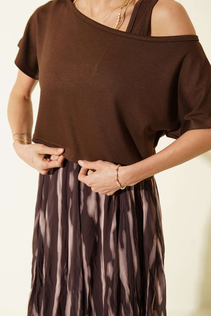 Wide-Strap Chiffon Dress - Brown
