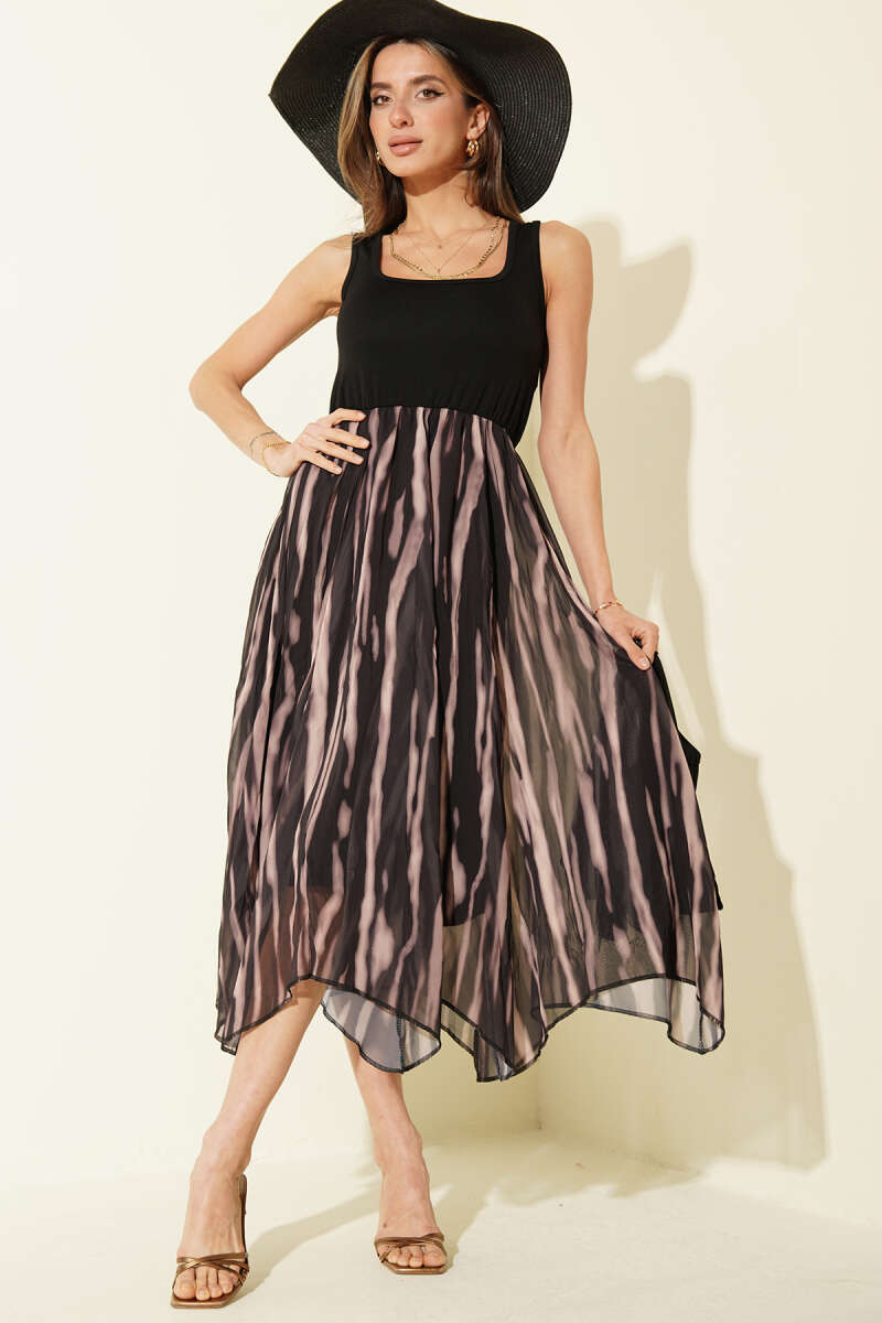 Wide-Strap Chiffon Dress - Black