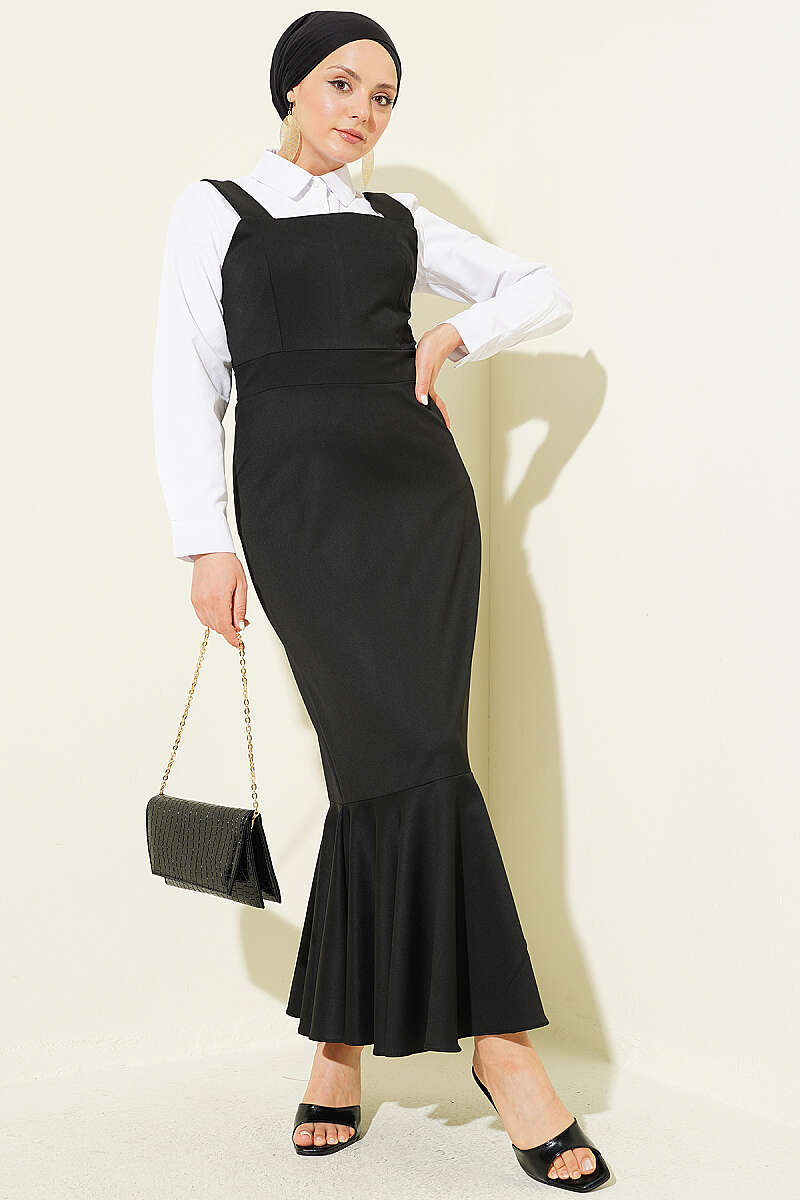 Ruffle Pinafore Dress with Wide Straps - Black