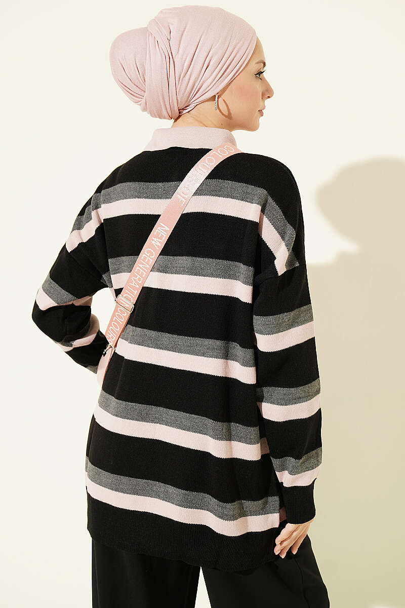 Wide-Stripe Button Knit Tunic - Black