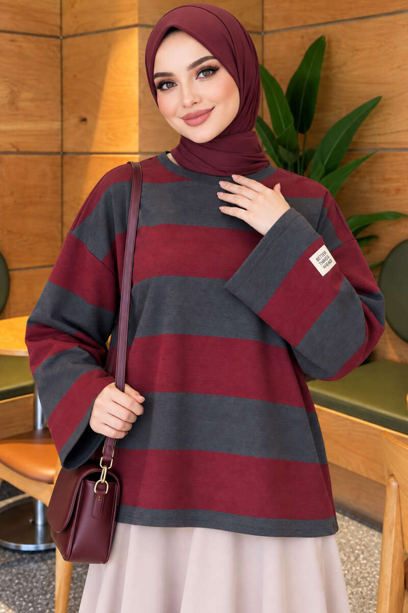 Wide-Stripe Fleece-Back Tunic - Smoke Grey-Burgundy