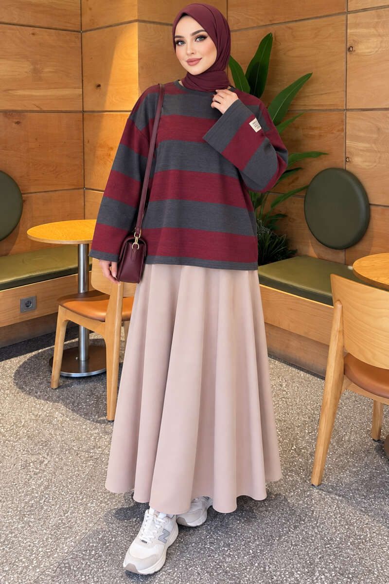 Wide-Stripe Fleece-Back Tunic - Smoke Grey-Burgundy