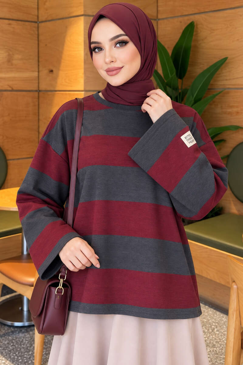 Wide-Stripe Fleece-Back Tunic - Smoke Grey-Burgundy