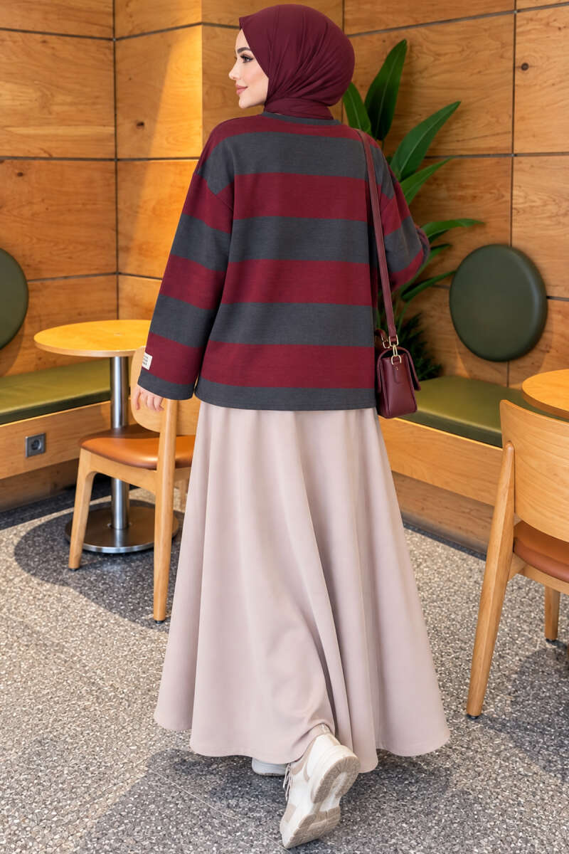Wide-Stripe Fleece-Back Tunic - Smoke Grey-Burgundy