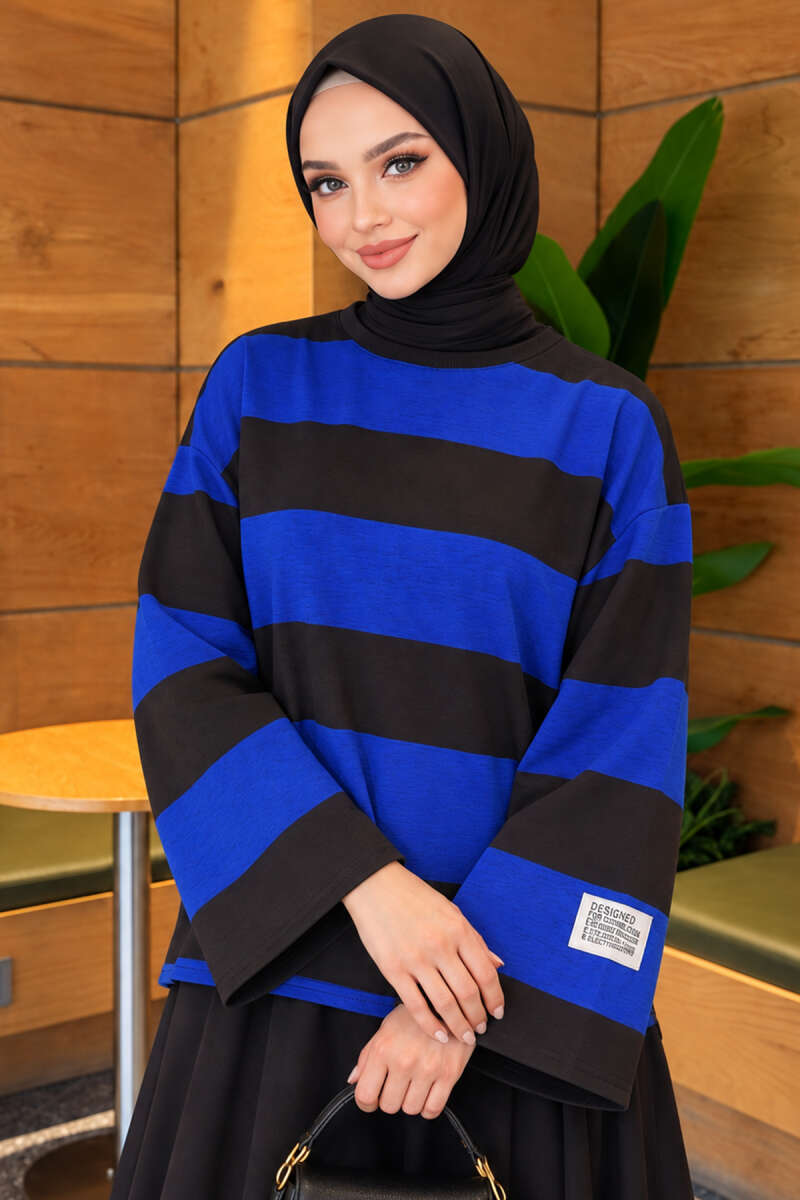 Wide-Stripe Fleece-Back Tunic - Brown-Saxe Blue