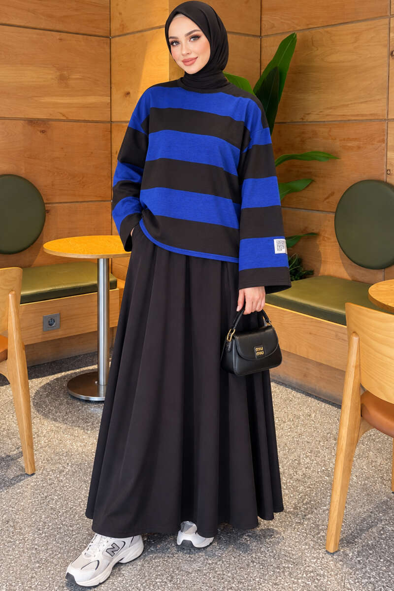 Wide-Stripe Fleece-Back Tunic - Brown-Saxe Blue