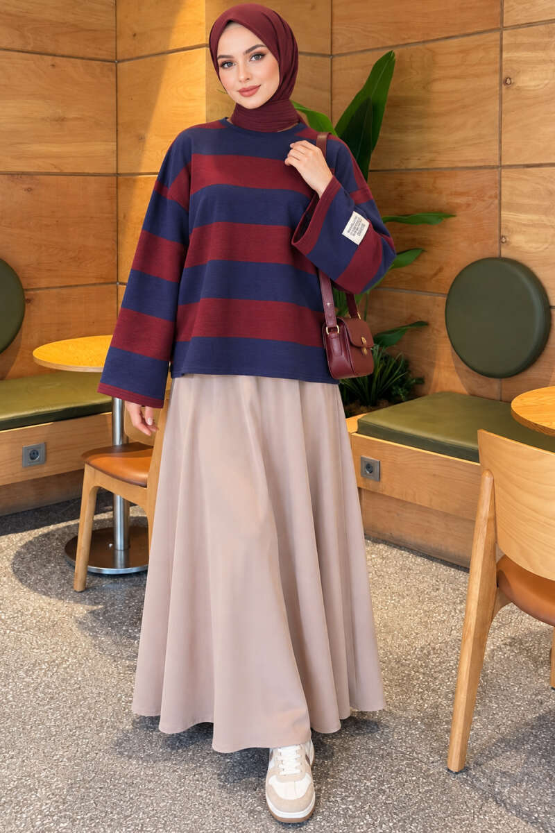 Wide-Stripe Fleece-Back Tunic - Navy-Burgundy