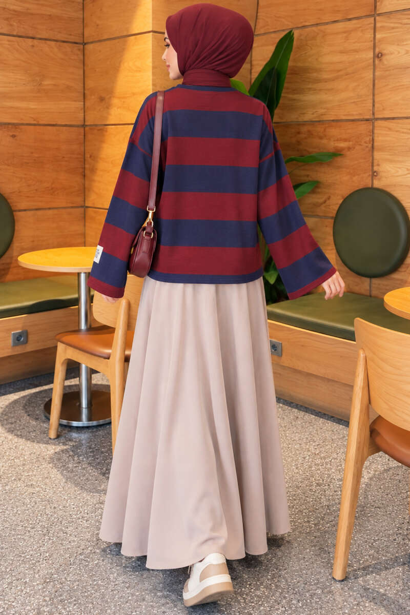 Wide-Stripe Fleece-Back Tunic - Navy-Burgundy