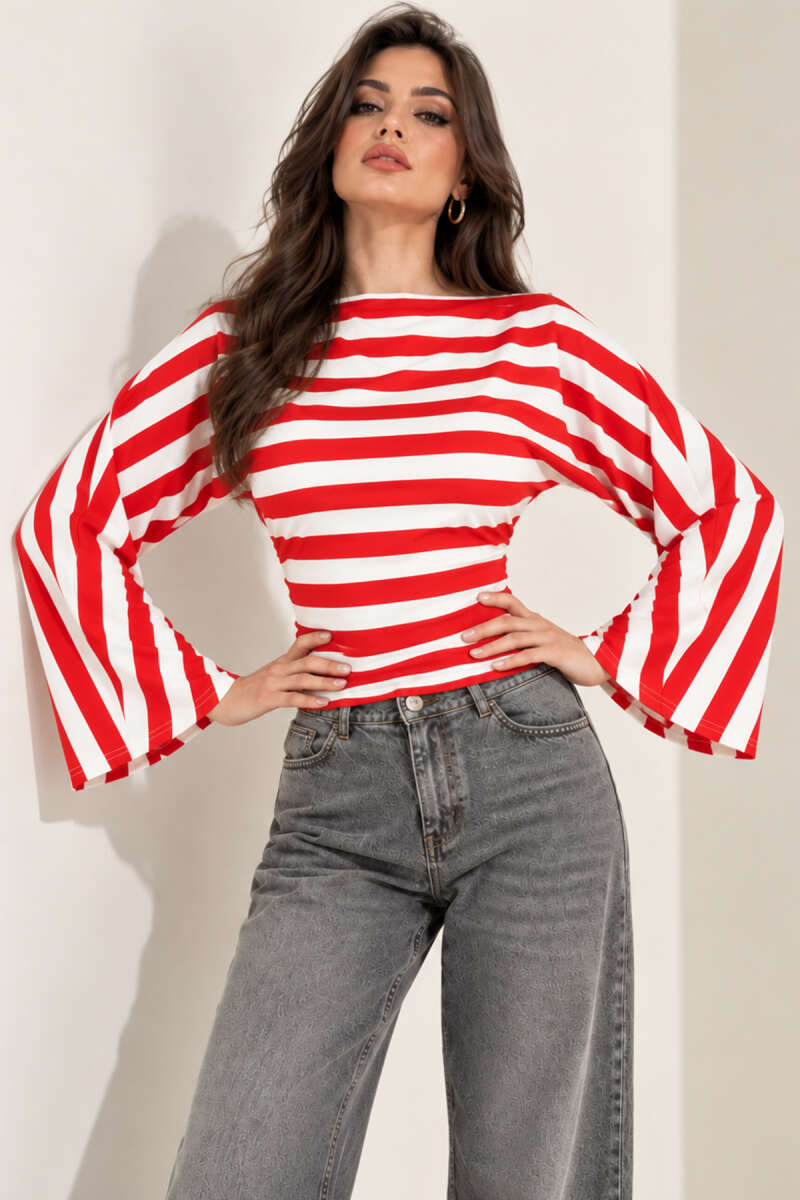 Bold-Stripe Blouse with Flounce Sleeves - Red