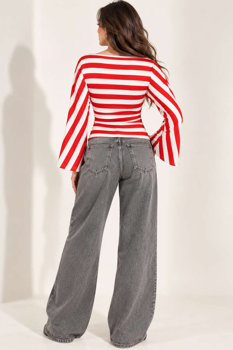 Bold-Stripe Blouse with Flounce Sleeves - Red