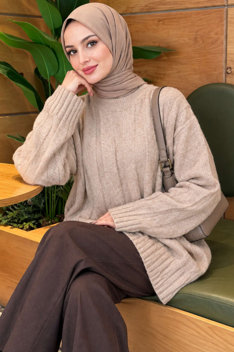 Chunky Rib Knit Tunic - Beige